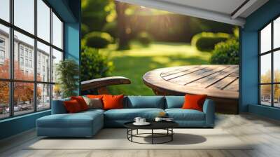 Close-up of empty wooden table with chair in backyard with green lawn on dawn Wall mural