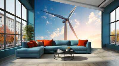 Close-up of wind turbine on blue sky background with shining sun, Generative AI Wall mural