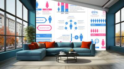 Demography infographic elements - diagrams, statistics, percents - set of templates with man and woman symbols Wall mural