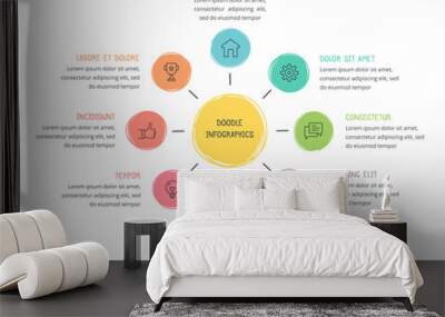 Doodle infographics, hand drawn circle diagram template with 8 elements, vector eps10 illustration Wall mural