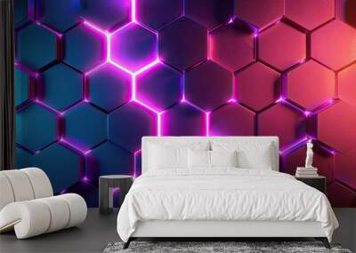 Futuristic colorful background with purple and blue hexagons with neon light Wall mural