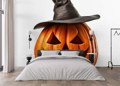 Halloween pumpkin wearing witch hat isolated on transparent background Wall mural