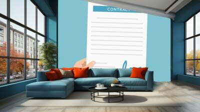 Hand holding document with signature, contract, white background Wall mural