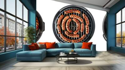 Sausages on grill isolated on transparent background, top vew Wall mural