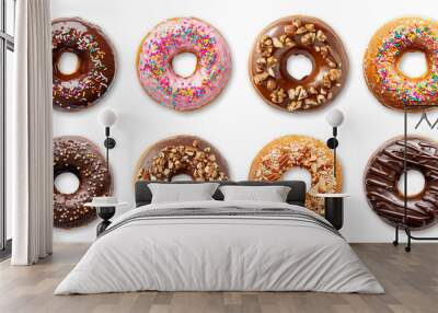 Set of donuts with chocolate, glaze and nuts isolated on transparent background Wall mural