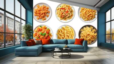 Set of various types of pasta in a plates isolated on transparent background, top view Wall mural