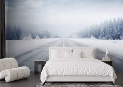 Straight road covered with snow and ice at winter Wall mural