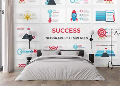 Success infographic templates - big set of templates, key to success, target with arrows, mountains with flags Wall mural