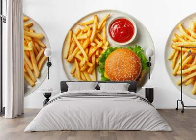 Three plates with french fries, cheeseburger and sauce isolated on transparent background, fast food top view Wall mural