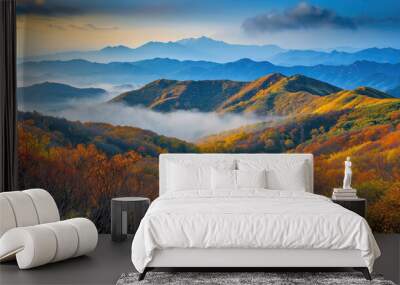 View of the autumn forest in mountains on sunset Wall mural