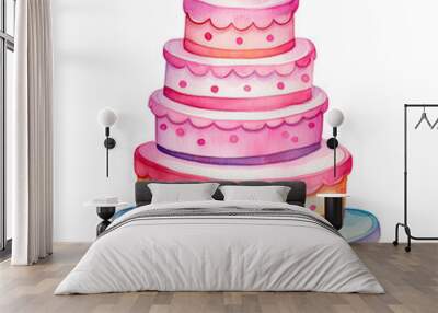 Watercolor illustration of a birthday cake with candles isolated on transparent background Wall mural