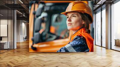 Woman wearing orange helmet and orange vest standing in front of a construction vehicle Wall mural