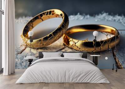 Two gold wedding rings that are torn. The image symbolises separation and divorce. Cracks / Ice / Freezing / Destruction. Wall mural