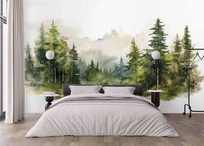 Beautiful abstract pine tree in forest landscape watercolor brush with isolated white background, Vector illustration for wedding invitation, RSVP, wallpaper, banner, poster, etc. Wall mural