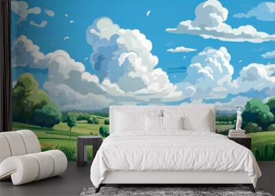 Beautiful summer anime seasonal landscape with hills and mountain, sky and clouds. Anime cartoon style. Background design vector illustration. Wall mural