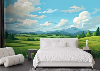 Beautiful summer anime seasonal landscape with hills and mountain, sky and clouds. Anime cartoon style. Background design vector illustration. Wall mural