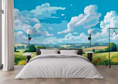 Beautiful summer anime seasonal landscape with hills and mountain, sky and clouds. Anime cartoon style. Background design vector illustration. Wall mural