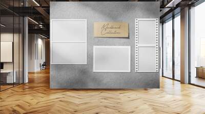 Realistic 3D blank photo frames, film, texture, ornament, torn paper glued textures and tape moodboard mockup. Grunge texture background with leaves and windows shadow overlay vector illustration Wall mural