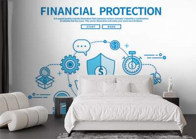 Modern flat blue color line vector editable graphic illustration, business finance concept, financial protection Wall mural