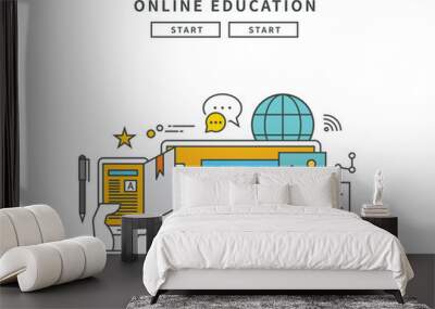 simple line flat design of online education, modern vector illustration Wall mural