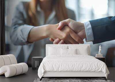 Business handshake. Business people making a handshake, close up. Two corporate businessman shaking hands during meeting in office Wall mural