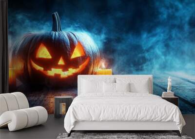 Halloween Pumpkins On Wood In A Spooky Forest At Night Wall mural