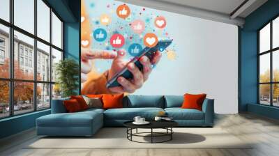 Social media and digital online communication concept, man using smartphone with likes icons on social media. Banner background. Wall mural