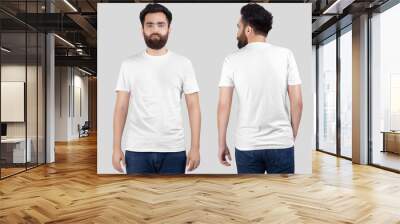 Front and rear view of male model in white plain crew neck t shirt and blue denim jeans pant. Isolated background. Wall mural