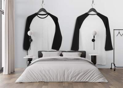 Front back of white and black plain 3 quarter sleeve raglan t shirt hanging on wall Wall mural