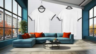 Front back of white plain ringer crew neck t shirt hanging on wall Wall mural