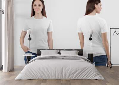 front back view of female model wearing white crew neck plain t shirt Wall mural