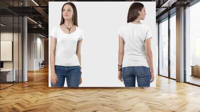 Front back view of female model wearing white short sleeve plain t shirt Wall mural