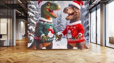 Jurassic Dinos living Today – two dinosaur in ugly Christmas sweater and santa hat Wall mural