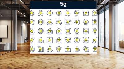 Set of thin line 5g Icons. Line art icon with Yellow shadow. Vector illustration Wall mural