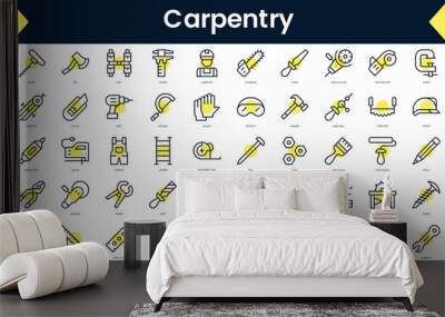 Set of thin line carpentry Icons. Line art icon with Yellow shadow. Vector illustration Wall mural