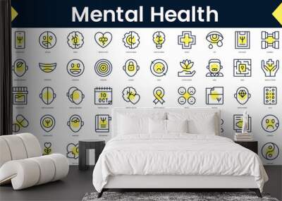 Set of thin line mental health Icons. Line art icon with Yellow shadow. Vector illustration Wall mural