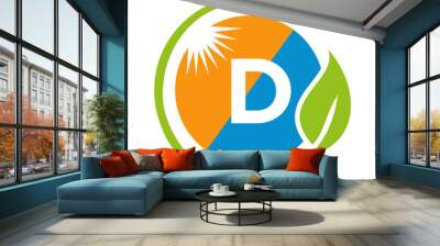 Letter D Solar Energy Logo Design Concept with Sun, Leaf and Electric Plug Solar Panel Vector Template Wall mural