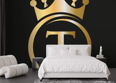 Letter T Crown Logo. Royal Crown Logo for Spa, Yoga, Beauty, Fashion, Star, Elegant, Luxury Sign Wall mural