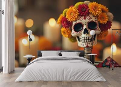 A decorated skeleton with a floral crown sits amidst candles, embodying the vibrant celebration of life and death in a colorful, festive setting. Wall mural