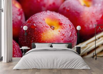 Close-up of fresh, red apples with water droplets in a basket, showcasing nature's vibrant colors and juicy texture Wall mural