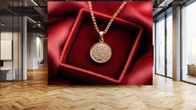 Elegant gold necklace with intricate pendant design, presented in a red velvet box, perfect for a special occasion or gift idea. Wall mural