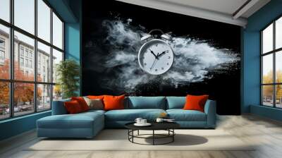 Fleeting time copy space concept. Modern and Analog dynamic clock dissolving on black background Wall mural