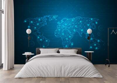 world map digital tech circuit background Wall mural