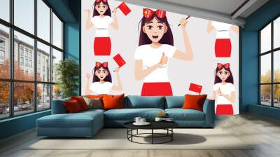 A beautiful woman with the Chinese flag. A set of fan emotions. Vector illustration in cartoon style. Wall mural