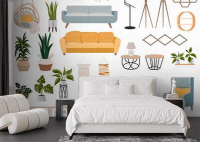 A set of furniture and decor elements. Collection of interior items for a cozy isolated interior. Vector illustration. Wall mural