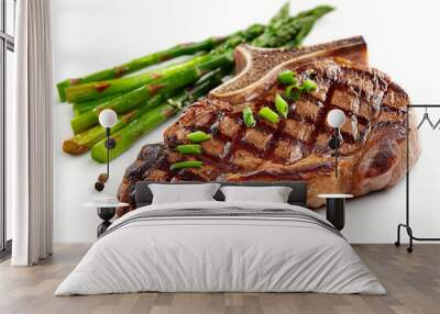 araffe steak with asparagus and green onions on a white plate Wall mural