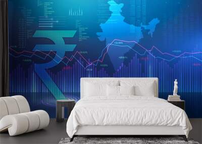 India Finance Background, India Economy background, stock market abstract dark blue background illustration with India map and rupee symbol, Indian Rupee background, Rupee, rupee currency Wall mural