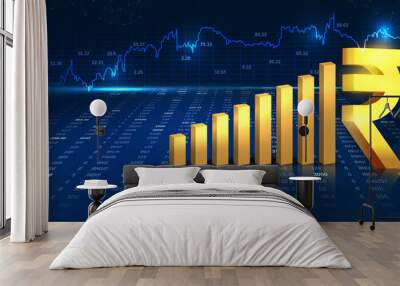 online business growth concept with Indian rupee and graph. 3D rendering illustration with stock market data. golden colored Wall mural