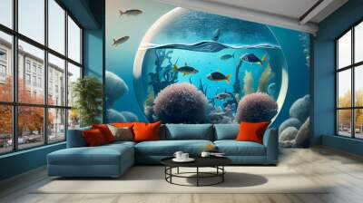 Abstract biosphere in a bubble. Ecosystem in a fish bowl. Environmental background wallpaper with fish and coral Ai generated image  Wall mural