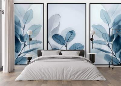 blue leaf with three canvases of vertical black frame, grey solid background Wall mural